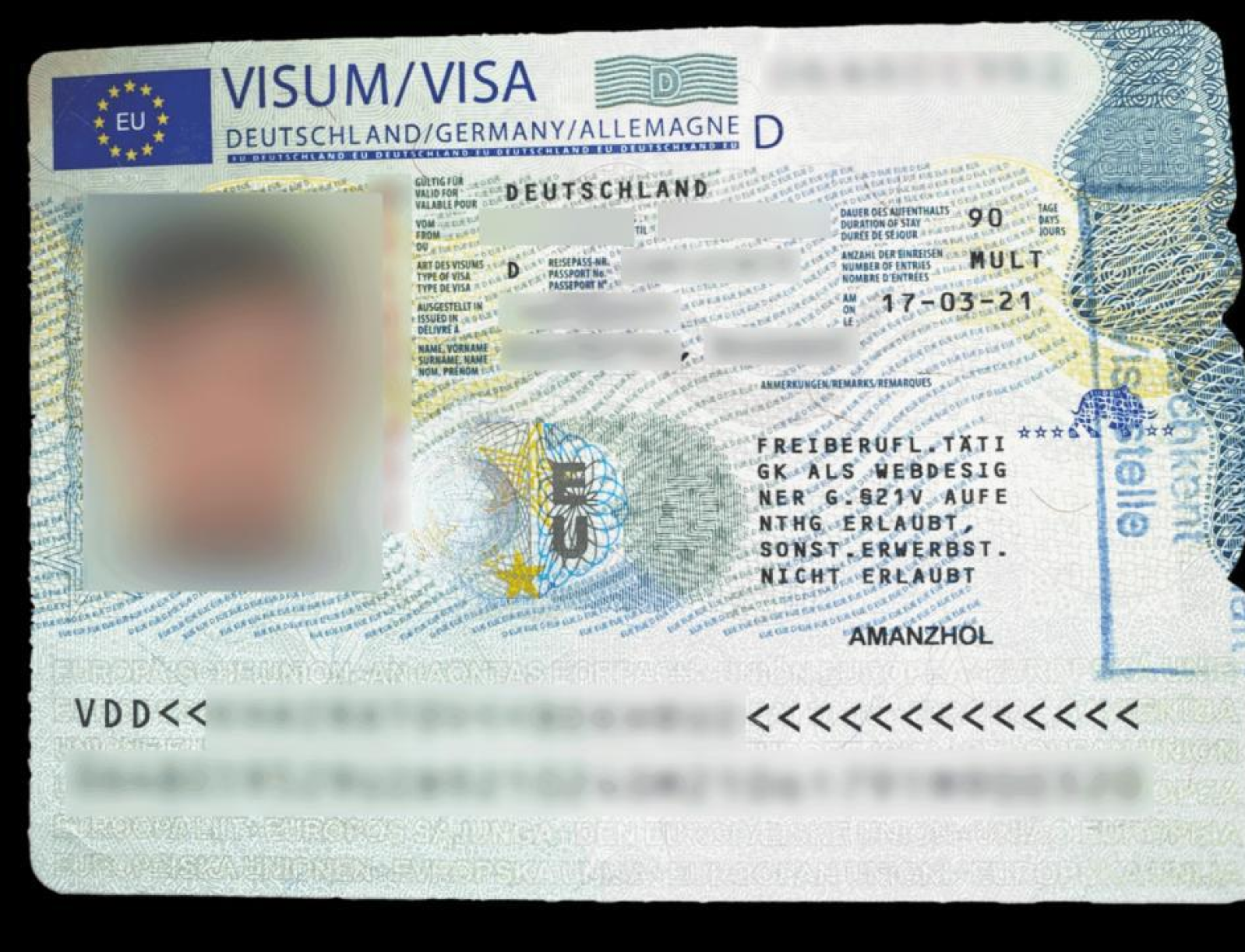 Germany National Visa D — approved client passport (personal details redacted)