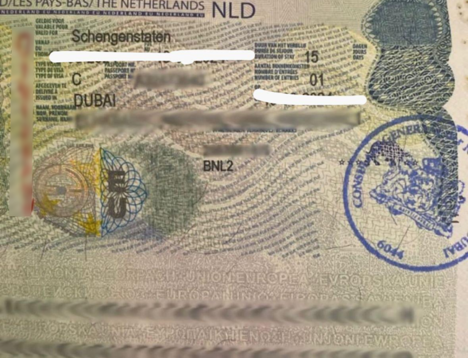 Netherlands Schengen Visa — approved client passport (personal details redacted)